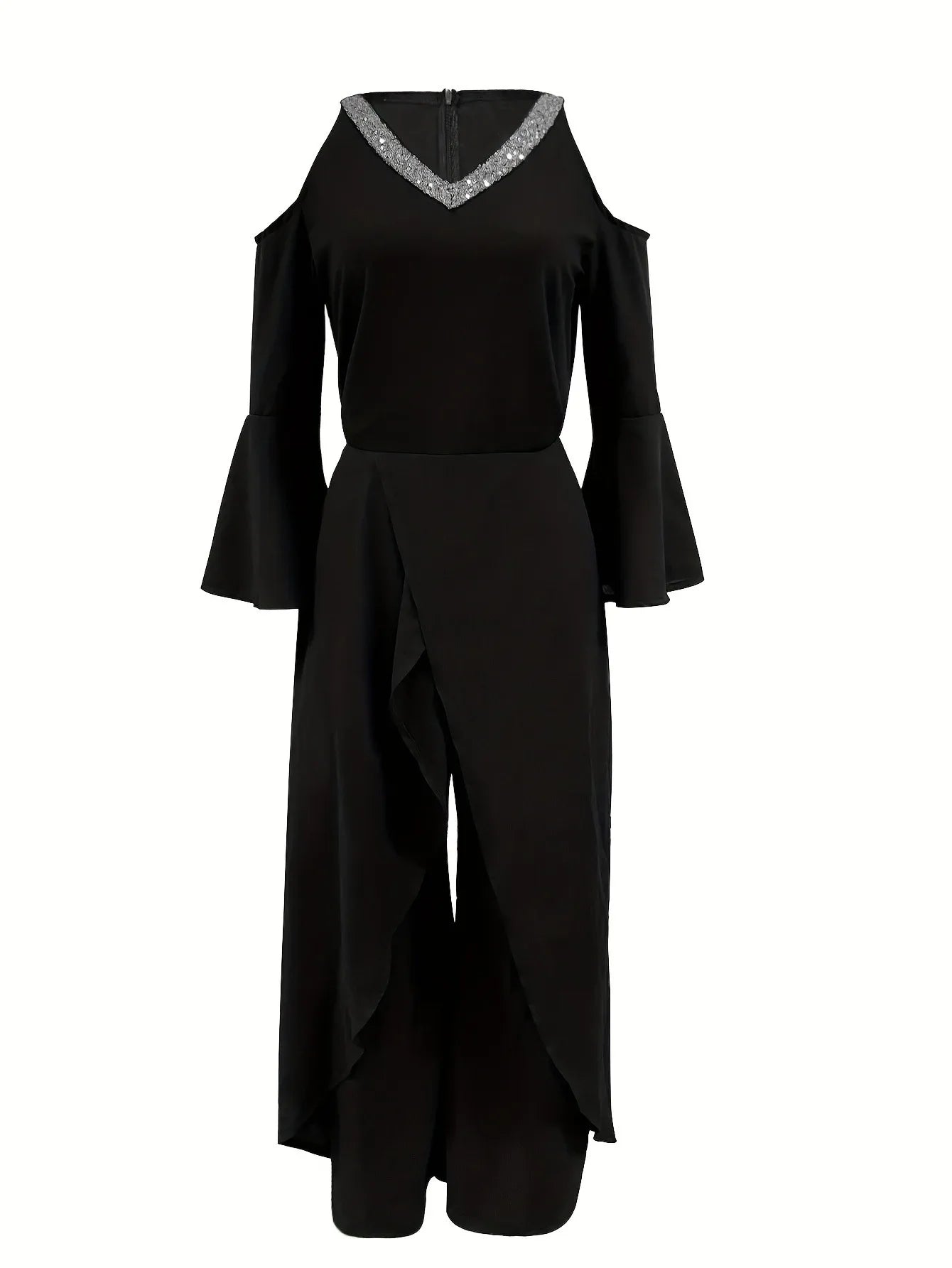 Women's Sequin Solid V Neck Business Elegant Wide Leg Loose Sleeve Bell Sleeve Jumpsuit