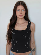 Dulzura Ribbed Sleeveless Crop Tank With Water Droplets Diamond Decorate Sexy Elegant Top Party Club Streetwear Spring Summer