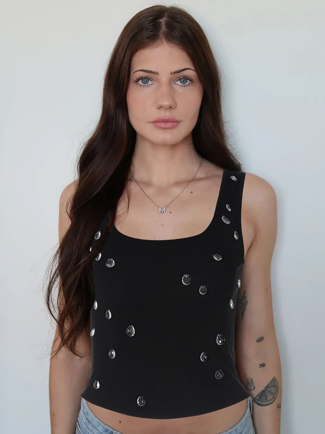 Dulzura Ribbed Sleeveless Crop Tank With Water Droplets Diamond Decorate Sexy Elegant Top Party Club Streetwear Spring Summer