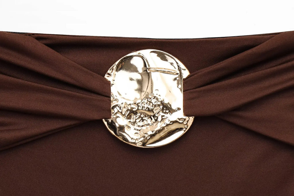 ZBZA Women's Sexy Jumpsuit Gold Button Pleated High Elastic Holiday Beach Solid Color Slim Fit Top Summer New Female Chic Top