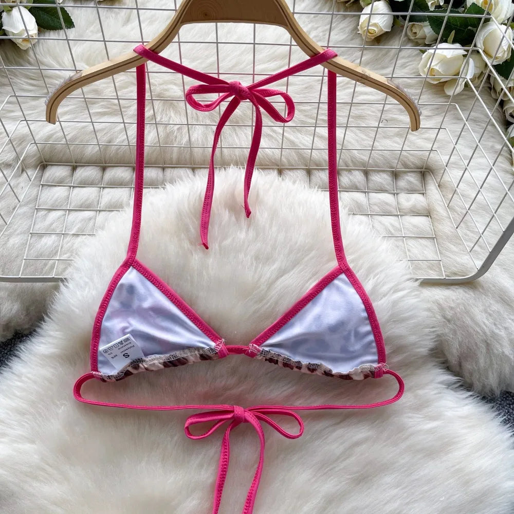 Foamlina American Pure Desire Hottie Strap Leopard Print Bikini Uniform Three-piece Suit Women's Summer Tube Top + Shorts