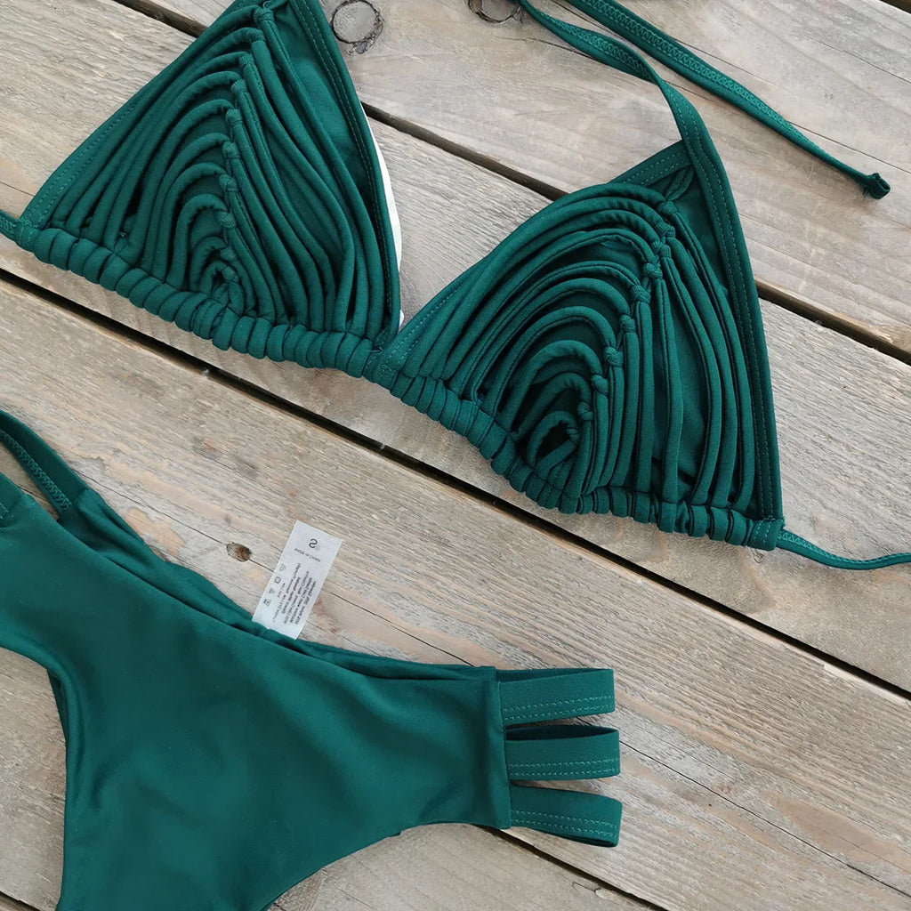 Comfortable Brazilian G-String Swimwear Bandage Stripes Trim Halter Female Bikini Set 2024 New Fashion Chest Pad Beachwear