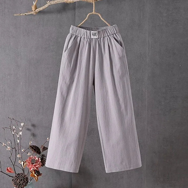 Lucyever Summer Elastic Waist Women's Pants Casual Solid Cotton Linen Ankle Length Pants Female 2023 High Quality Loose Trousers