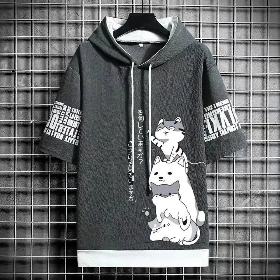 Summer T shirt Men's Hoodies Men Clothing Casual Harajuku Streetwear Print Hooded Top Short Sleeve Sweatshirts Men