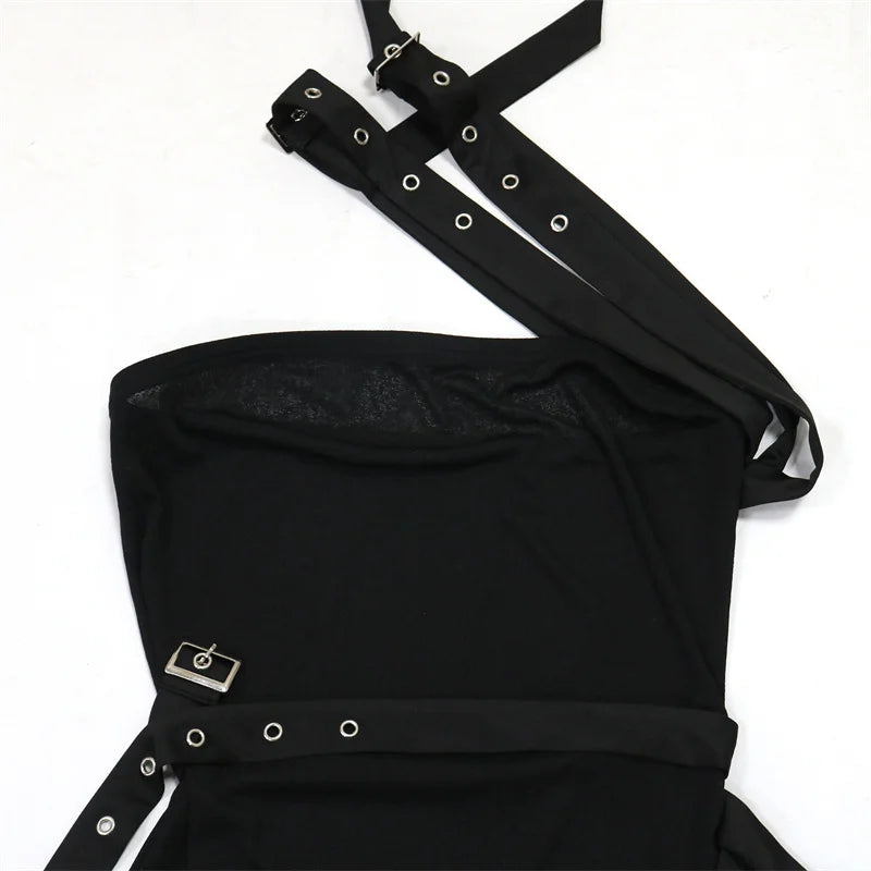 Summer Women Sleeveless Perspective Bodycon Sexy Night Club Mini Dress Inclined Collar Sashes Irregular Party Dress Black White