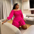 CM.YAYA Plus Size Women's Set Long Sleeve Slash Neck T-Shirt and Shorts 2025 Summer Ruched Two 2 Piece Set Outfits Tracksuit