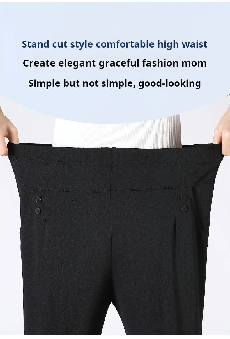 Summer Thin Breathable Elastic Pants 8XL Women's Solid Color High Waisted Loose Casual Pants Middle-aged Elastic straight leg