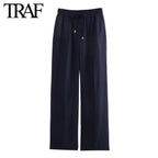 TRAF Women Fashion Spring Summer Lace-up Linen Blended Straight Pants Pocket Office Lady Chic High Waist Trousers Mujer