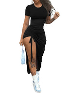 Women's fashion, sexy, slim fit, solid color pleated, split drawstring dress