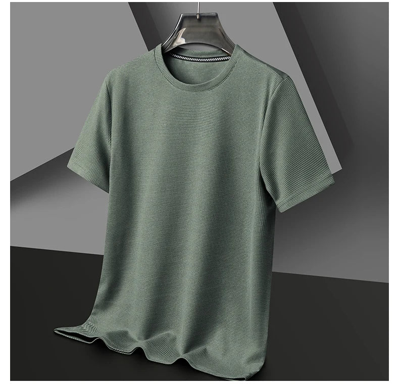 Men's New Summer Waffle round Neck Short Sleeve T-Shirt Comfortable Breathable Short-Sleeved Top for Casual Wear