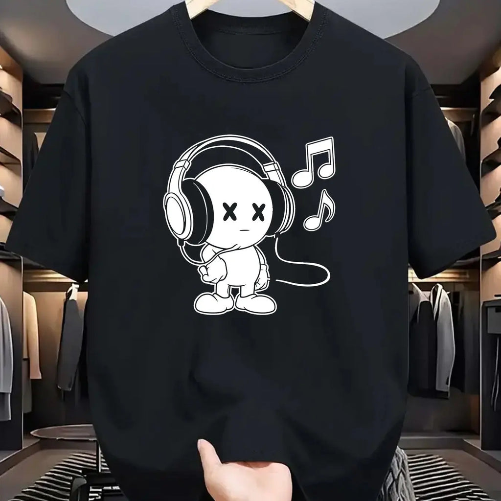 Summer men's 100% cotton casual loose fit plus size music themed printed comfortable sports round neck short sleeved T-shirt top