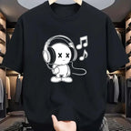 Summer men's 100% cotton casual loose fit plus size music themed printed comfortable sports round neck short sleeved T-shirt top