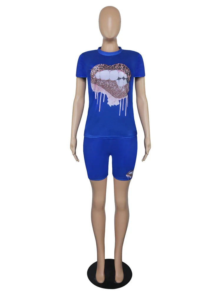 Wmstar Plus Size Two Piece Outfits for Women Tracksuit Shorts Sets  Lip Print Top Casual New In Matching Wholesale Dropshipping