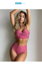 Women Sexy Slim Plaid Two Pieces Swimsuit High Waisted Bikini Swimwear 2024 Bikini Sets Size S-3XL Rose Red/Black/Blue/Sky Blue