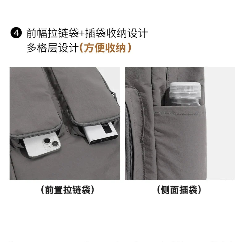 Water - resistant double - shoulder backpack. It has a large capacity, is lightweight and casual. Made of wrinkled and washed ny