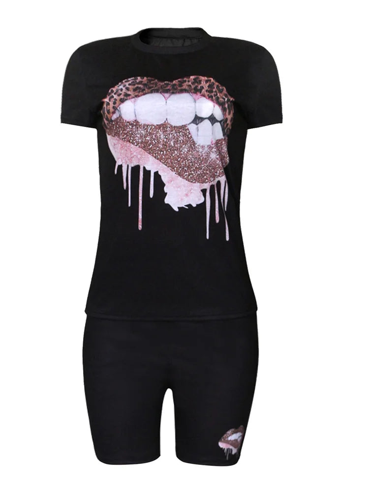 Wmstar Plus Size Two Piece Outfits for Women Tracksuit Shorts Sets  Lip Print Top Casual New In Matching Wholesale Dropshipping