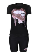 Wmstar Plus Size Two Piece Outfits for Women Tracksuit Shorts Sets  Lip Print Top Casual New In Matching Wholesale Dropshipping