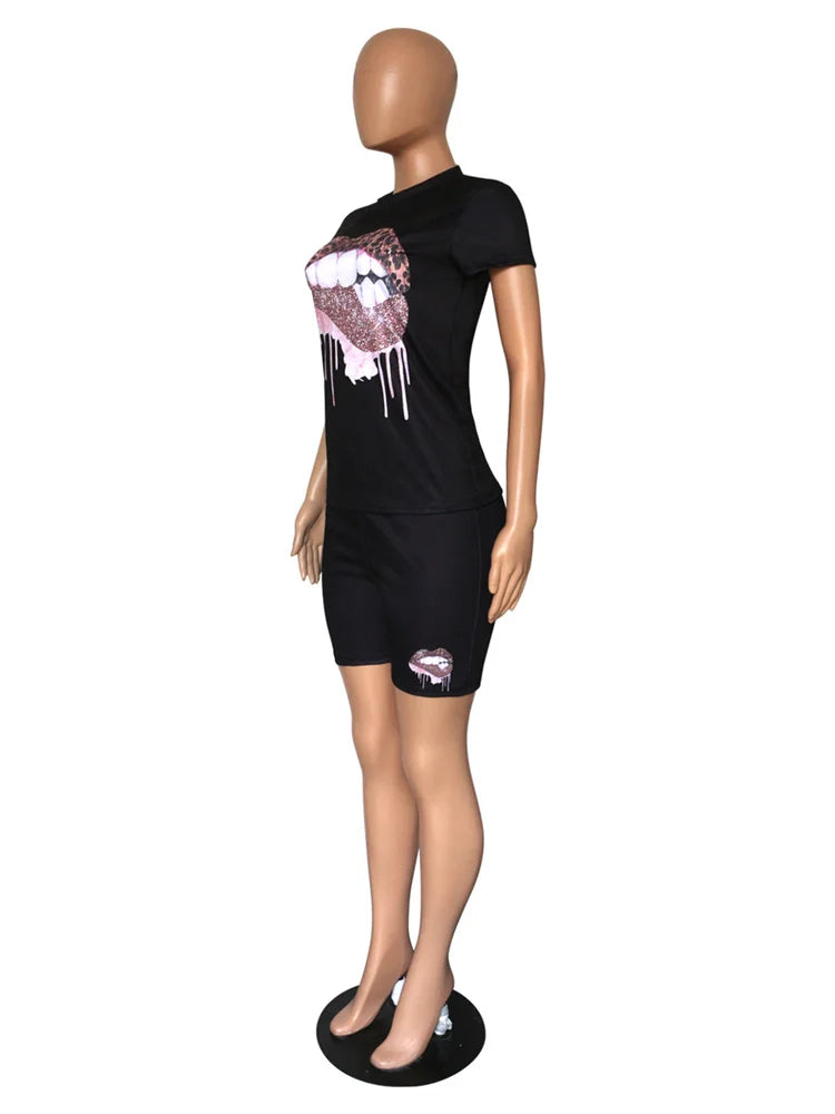 Wmstar Plus Size Two Piece Outfits for Women Tracksuit Shorts Sets  Lip Print Top Casual New In Matching Wholesale Dropshipping