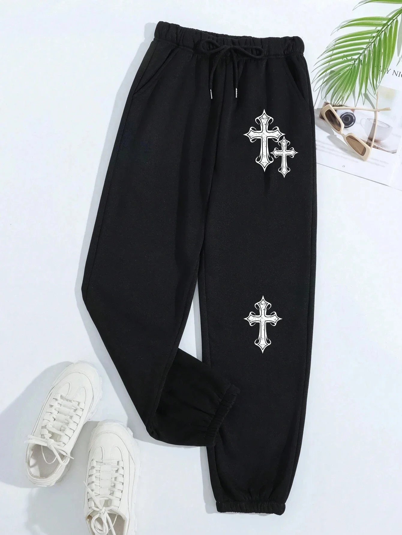 Crucifixion Printing Women'S Autumn Casual Basic Pants Versatile Pocket Drawstring Fashion Trousers Trendy Street Pant Female
