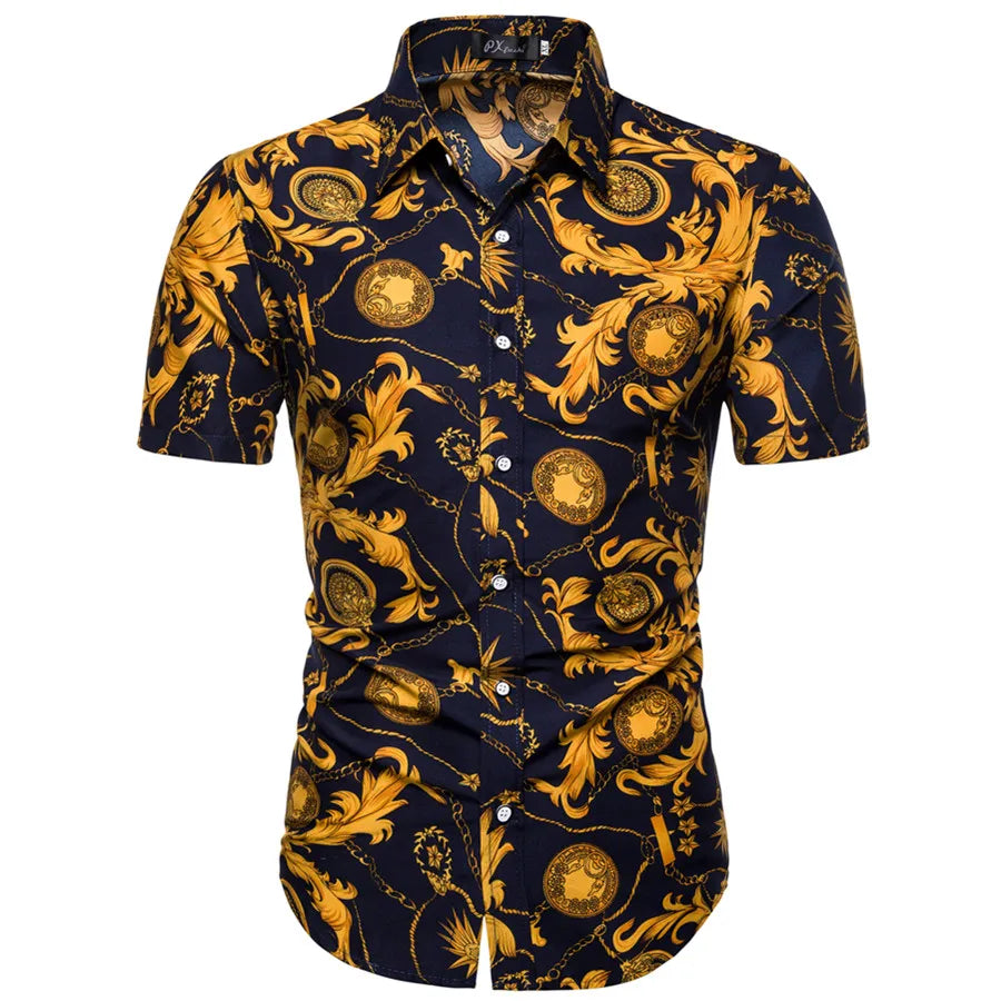 Summer New Men's Short Sleeved Shirt Thin Collar Hawaiian Style Floral Shirt Vacation Series Men's Shirt