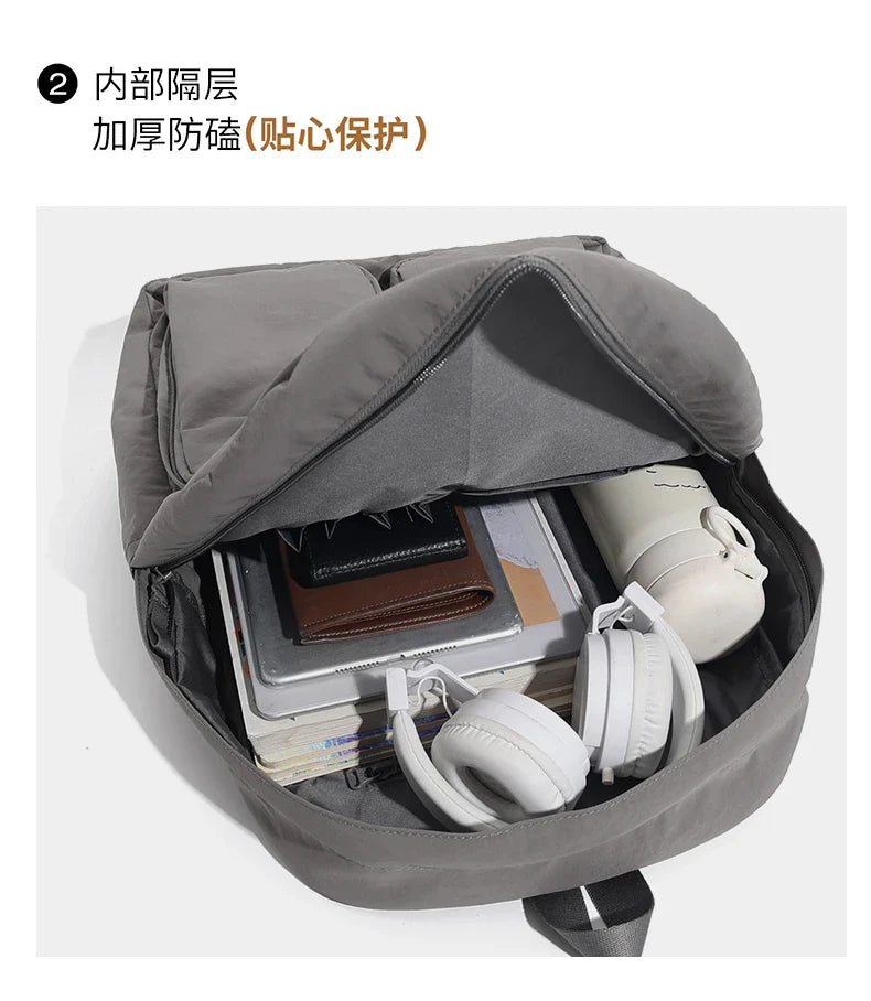 Water - resistant double - shoulder backpack. It has a large capacity, is lightweight and casual. Made of wrinkled and washed ny