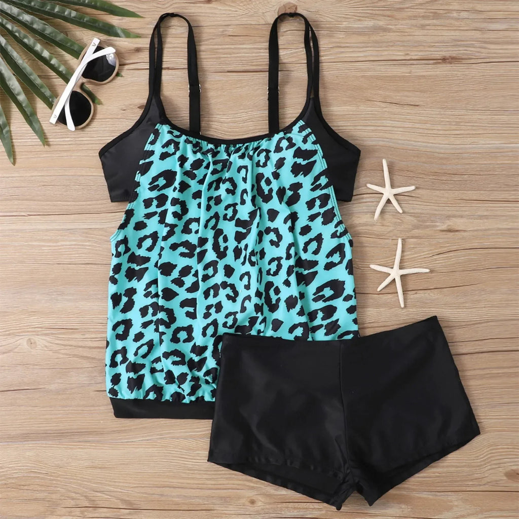 Women's Sexy Slim fit printed suspenders slit boxer shorts bikini plus size swimsuit two piece comfortable pretty swimwear swims