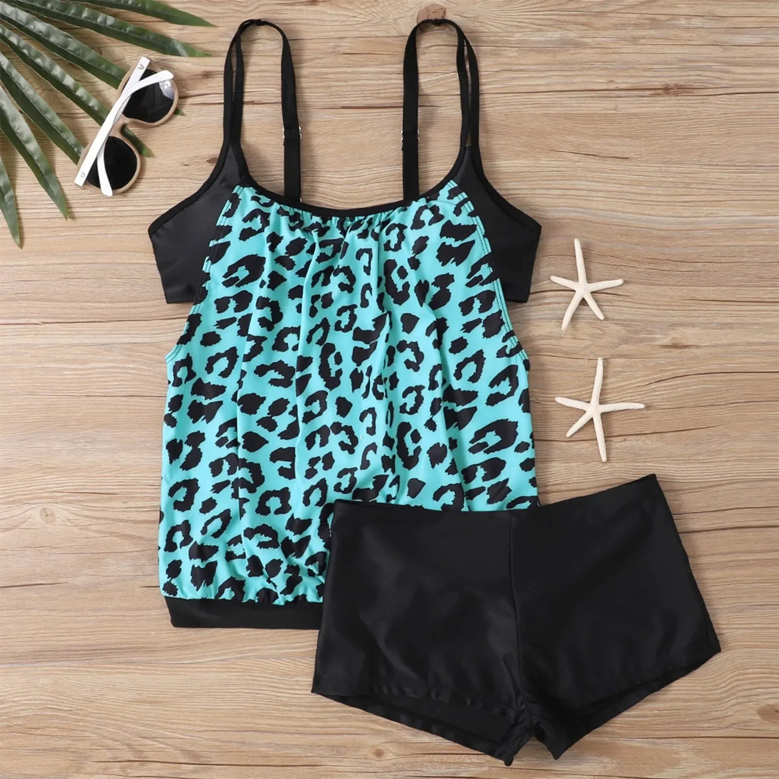 Women's Sexy Slim fit printed suspenders slit boxer shorts bikini plus size swimsuit two piece comfortable pretty swimwear swims