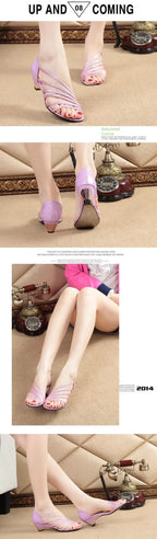 Women Comfort Shoes Summer Luxury Sandals Women Beige Strappy High Heels Round Toe Fashion Closed Elastic Strap Low Heels