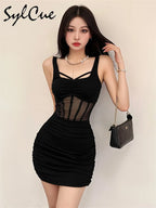 Sylcue Black Mysterious Sexy Mature Beautiful Tight Hot Confident Summer Party Intellectual Elegant Simple Women'S Strap Dress