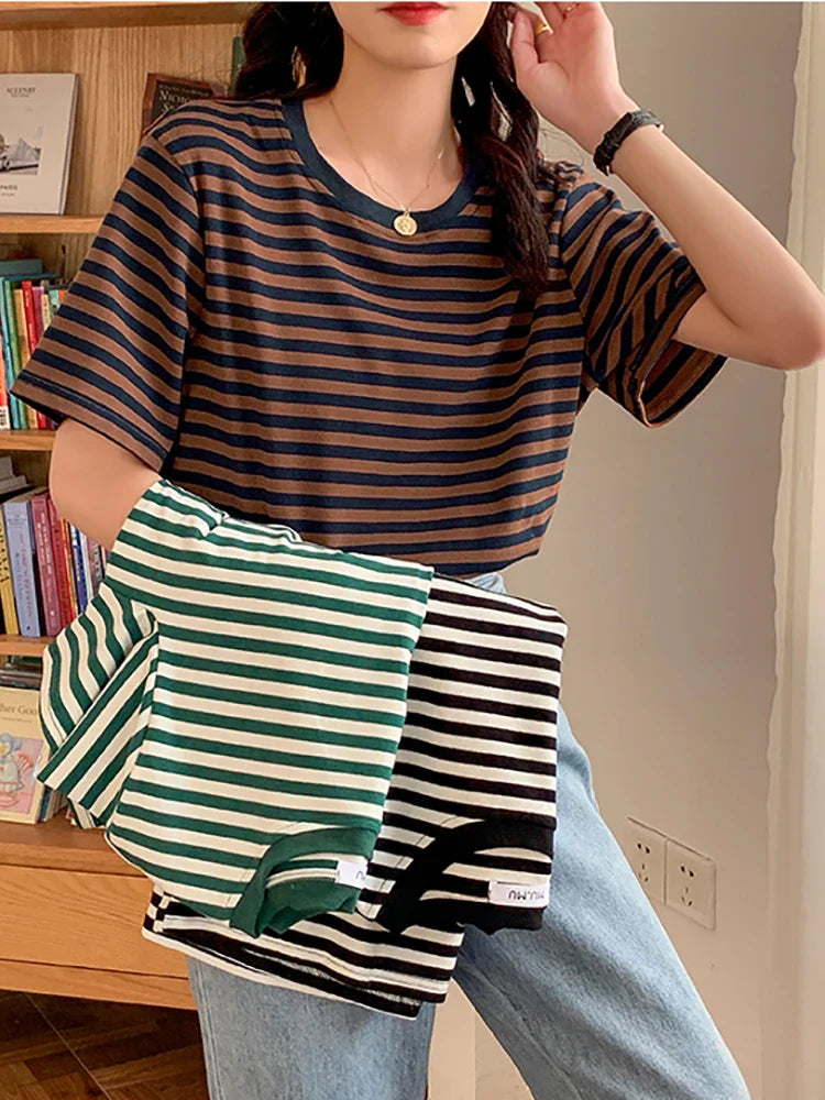 Women Stripes Vintage Tshirt Tops O Neck Short Sleeve Pullover T-shirt 2024 Summer New Korea Cotton Shirt Green Black Y2K