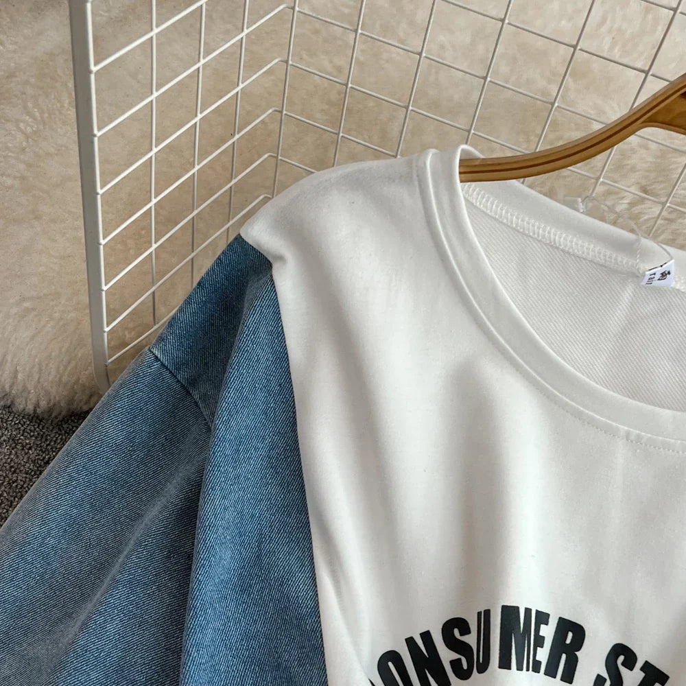 XFPV 2025 Summer Fashion Short Sleeve Round Neck High Waistband Slim A-line Denim Printed Patchwork Dress For Women SM11498