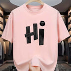 Summer men's 100% pure cotton casual loose fit plus size hi letter pattern  printed round neck short sleeved T-shirt top