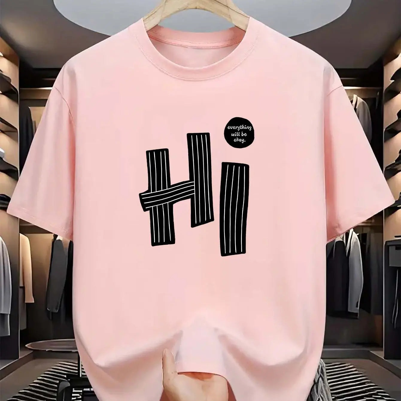 Summer men's 100% pure cotton casual loose fit plus size hi letter pattern  printed round neck short sleeved T-shirt top