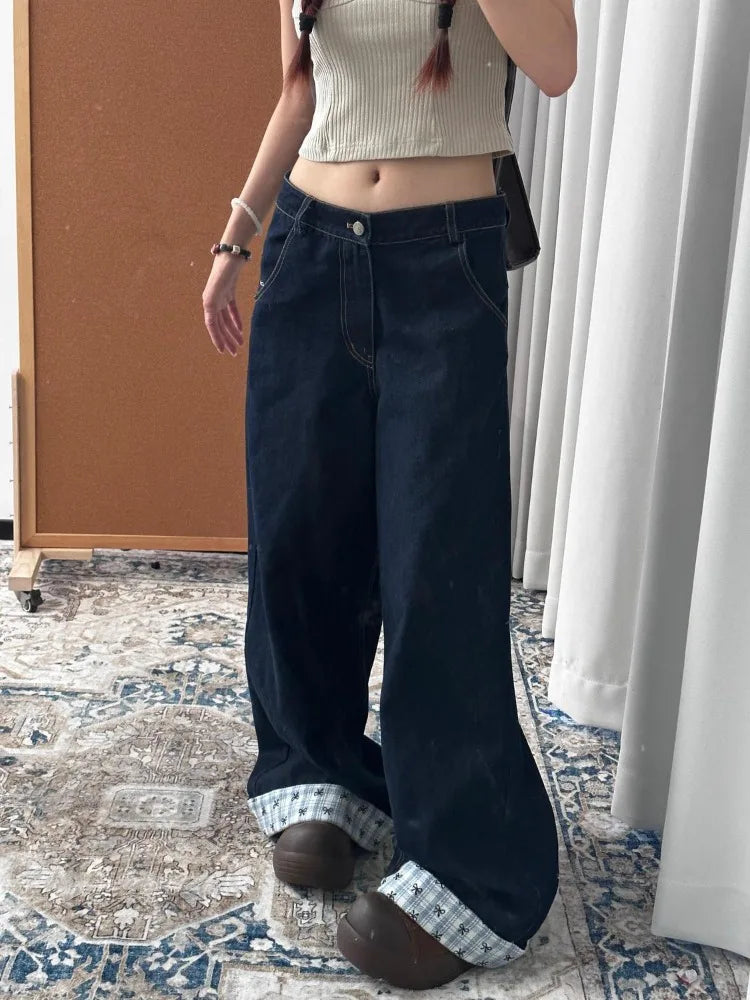 HOUZHOU Y2k Embroidery Baggy Jeans Women Vintage Plaid Patchwork Denim Trousers Harajuku Korean Sweet Oversized Jeans Cutecore