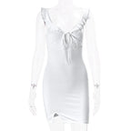 Xeemilo Solid Deep V-neck Sleeveless Dress 2022 Summer Elegant Women Ruffles Split Mini Dresses Sexy Slim Party Clubwear Vestido