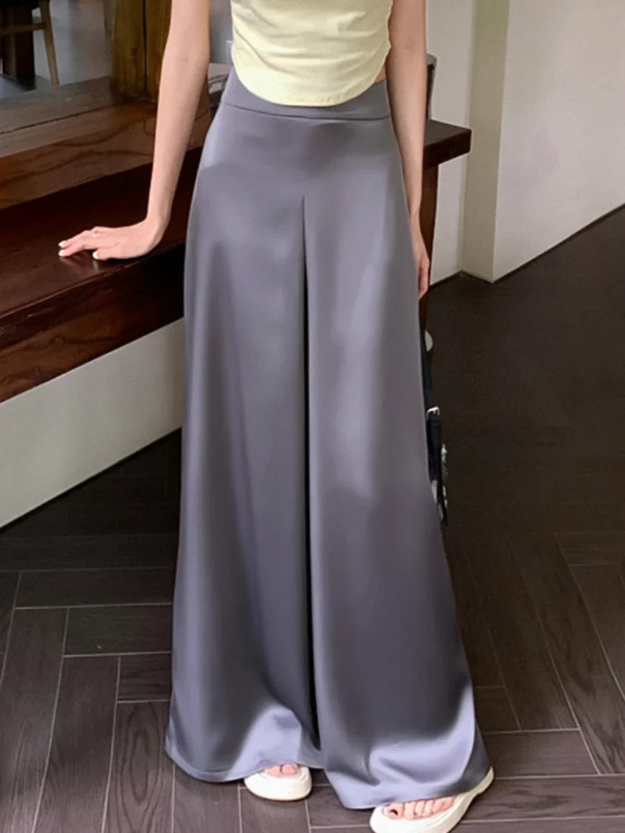 High-Grade Acetate Satin Wide-Leg Pants Women Spring Bell-Bottoms Pants Loose Casual Pants High Waist Oversized Long Pantalons