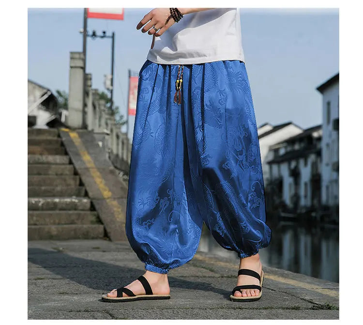 FGKKS 2023 Outdoor Brand Pants For Men Lce Silk Dragon Dark Flower Loose Bloomers High Quality Wide Leg Casual Trousers Male