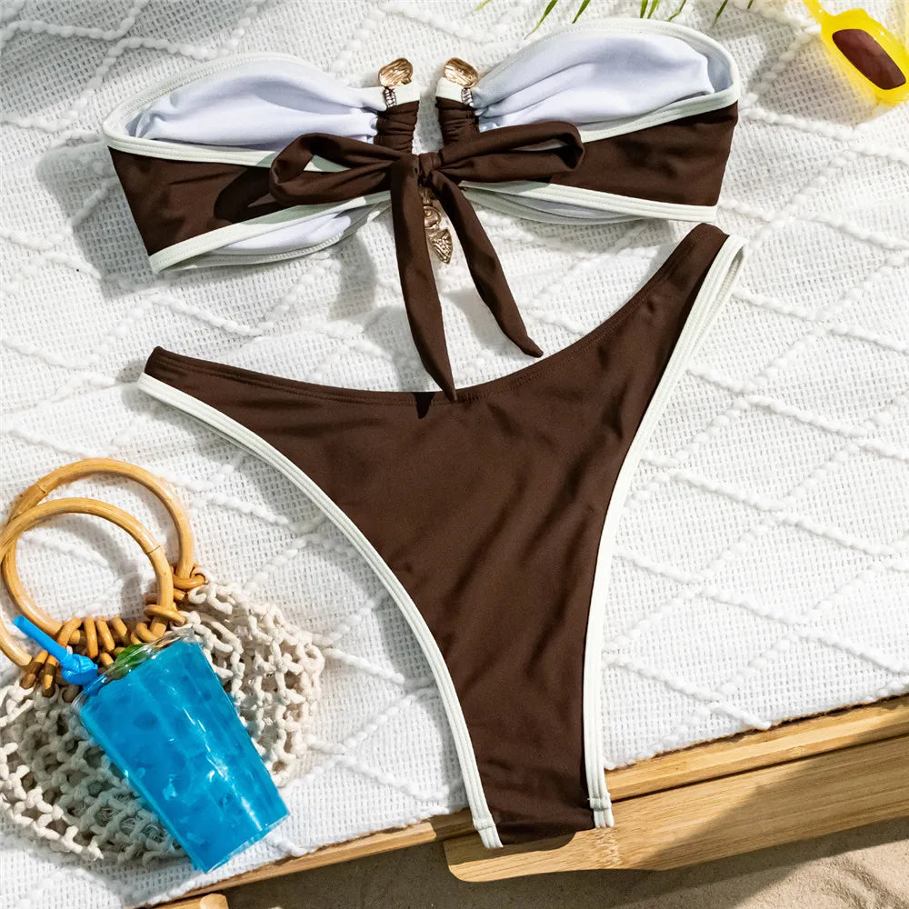 White Bandeau Bikinis Sets Woman Sexy Swimsuit Contrast Color Metal Buckle Swimwear High Cut Bathing Suit Brazilian Bikini Mujer