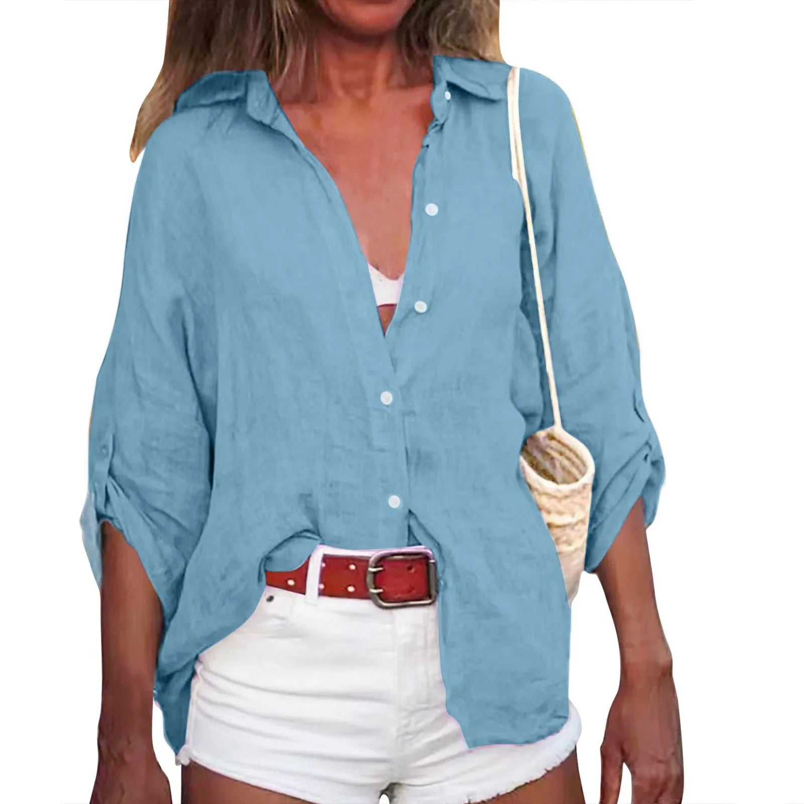 Summer Plus Size Cotton Linen Solid Color Seven-Point Sleeve Shirt V-Neck For Ladies Loose Casual Lightweight Camisas De Mujer