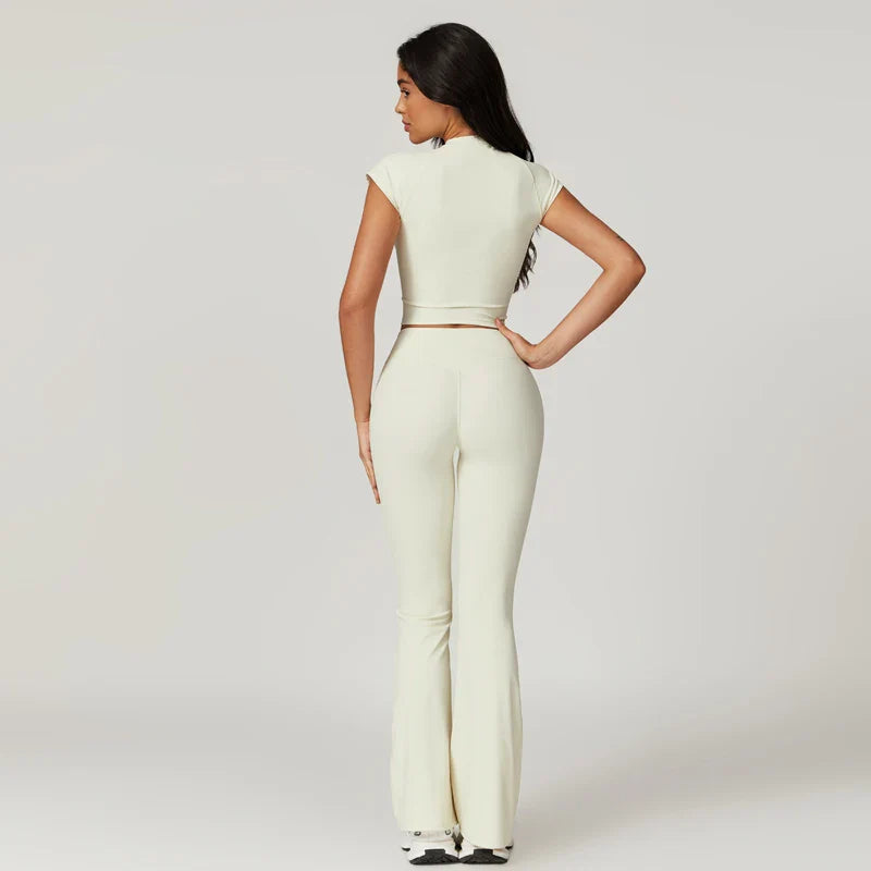 Two Piece Short Sleeve Sport Yoga Set Outfit Fitness Gym Set Workout Clothes for Women Flare Leggings Sportwear Women Tracksuit