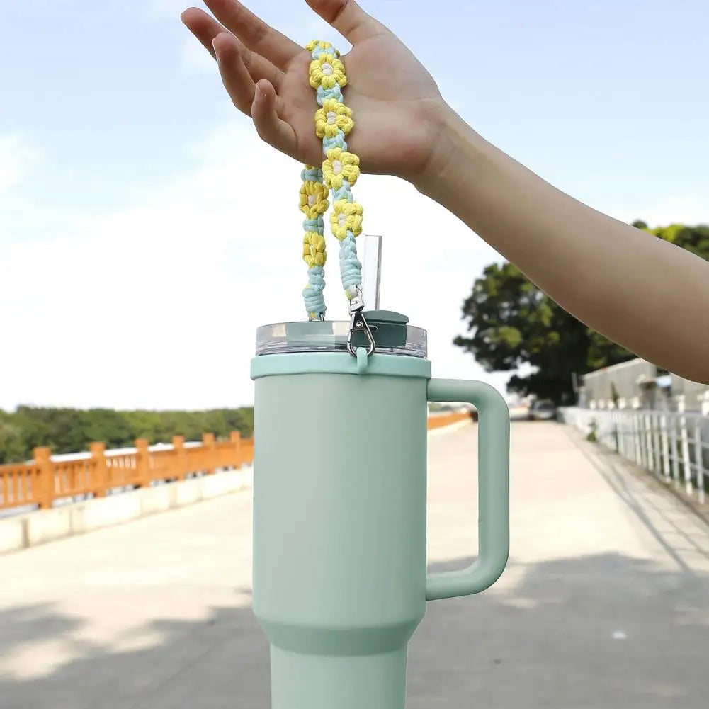 Water Bottle Handle Strap Handmade Flower 16-40oz Tumbler Silicone Safety Ring Cotton Rope Flower Durable Water Bottle Strap