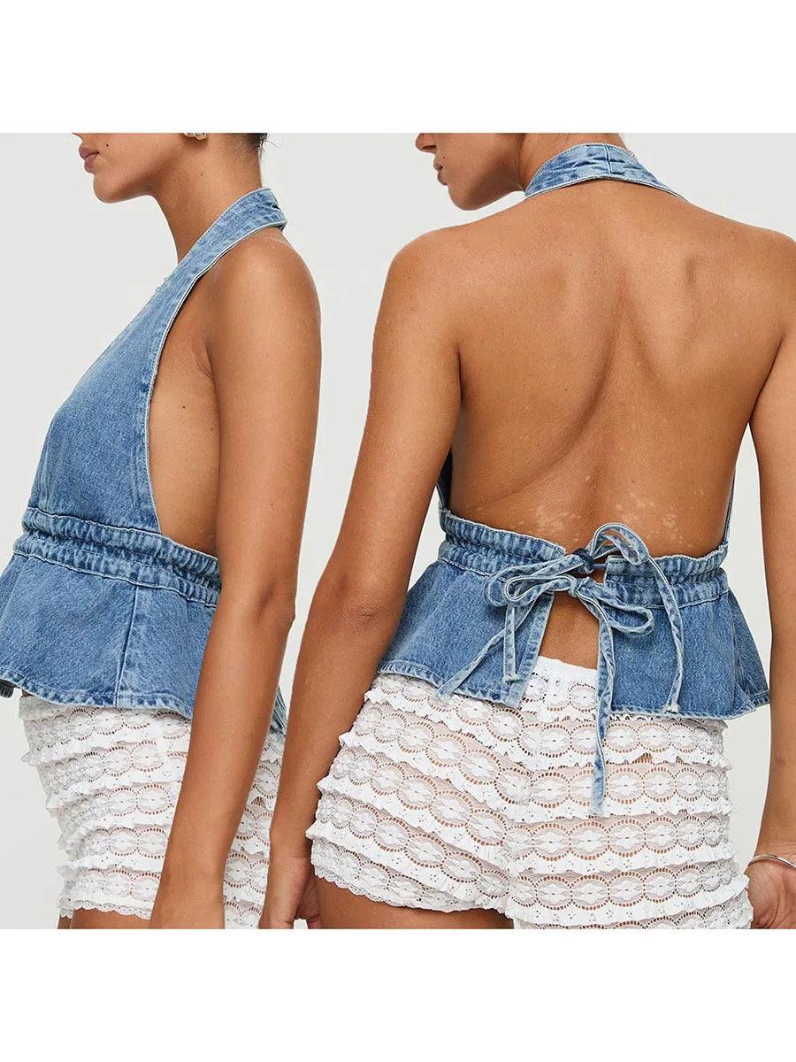 Combhasaki Women's Y2K Summer Halter Neck Crop Tops Bow Tie-up Sleeveless Deep V-Neck Backless Solid Color Denim Flare Vest