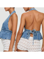 Combhasaki Women's Y2K Summer Halter Neck Crop Tops Bow Tie-up Sleeveless Deep V-Neck Backless Solid Color Denim Flare Vest