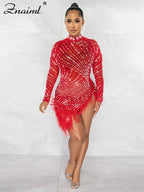 Znaiml Luxury 2023 Evening Celebrity Feathers Sheer Mesh Short Dresses for Women Sexy Pearls Rhinestones Party Birthday Vestidos