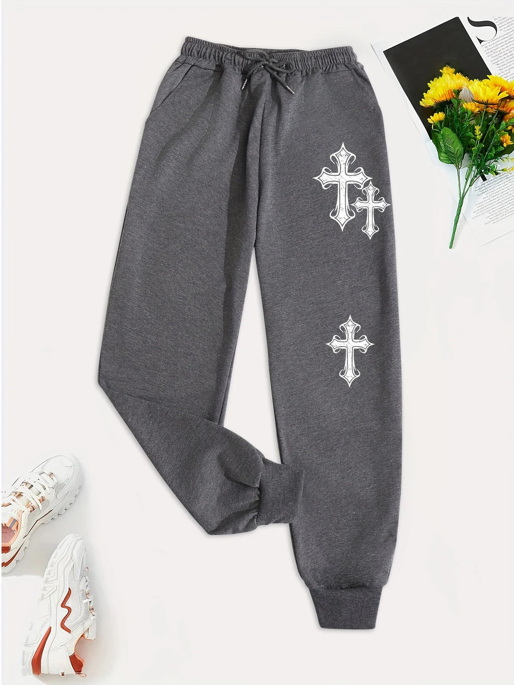 Crucifixion Printing Women'S Autumn Casual Basic Pants Versatile Pocket Drawstring Fashion Trousers Trendy Street Pant Female