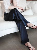 Garemay Summer Autumn Women's Pants Loose Solid Classic Black Straight High Waist Casual Silk Satin Wide Leg Trousers for Women