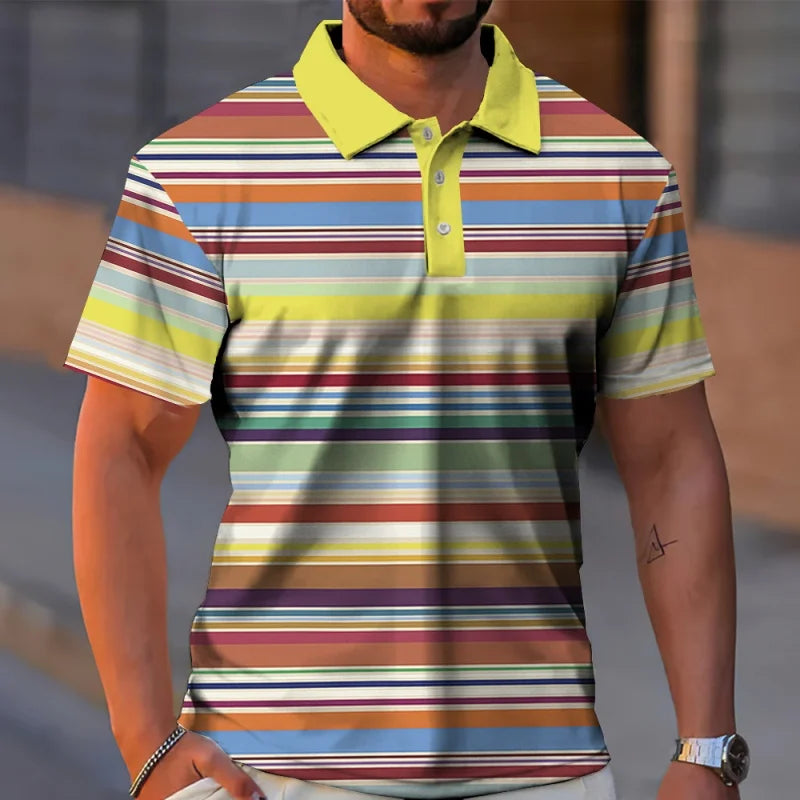 Colorful Stripes 3D Printed Polo Shirt For Men Geometric Color Block Pattern T-Shirt Casual Lapel Tops Loose Short Sleeve Tees