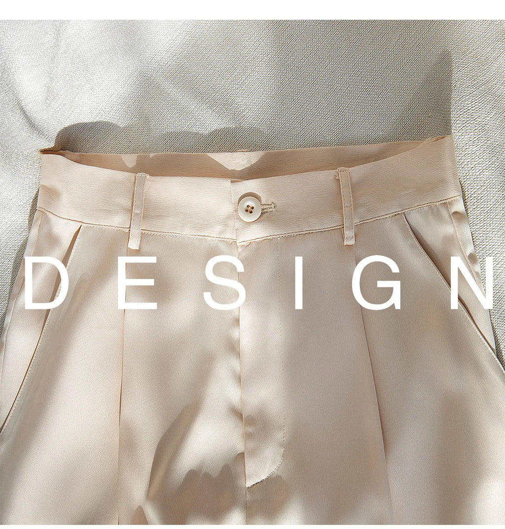 Garemay Summer Autumn Women's Pants Loose Solid Classic Black Straight High Waist Casual Silk Satin Wide Leg Trousers for Women