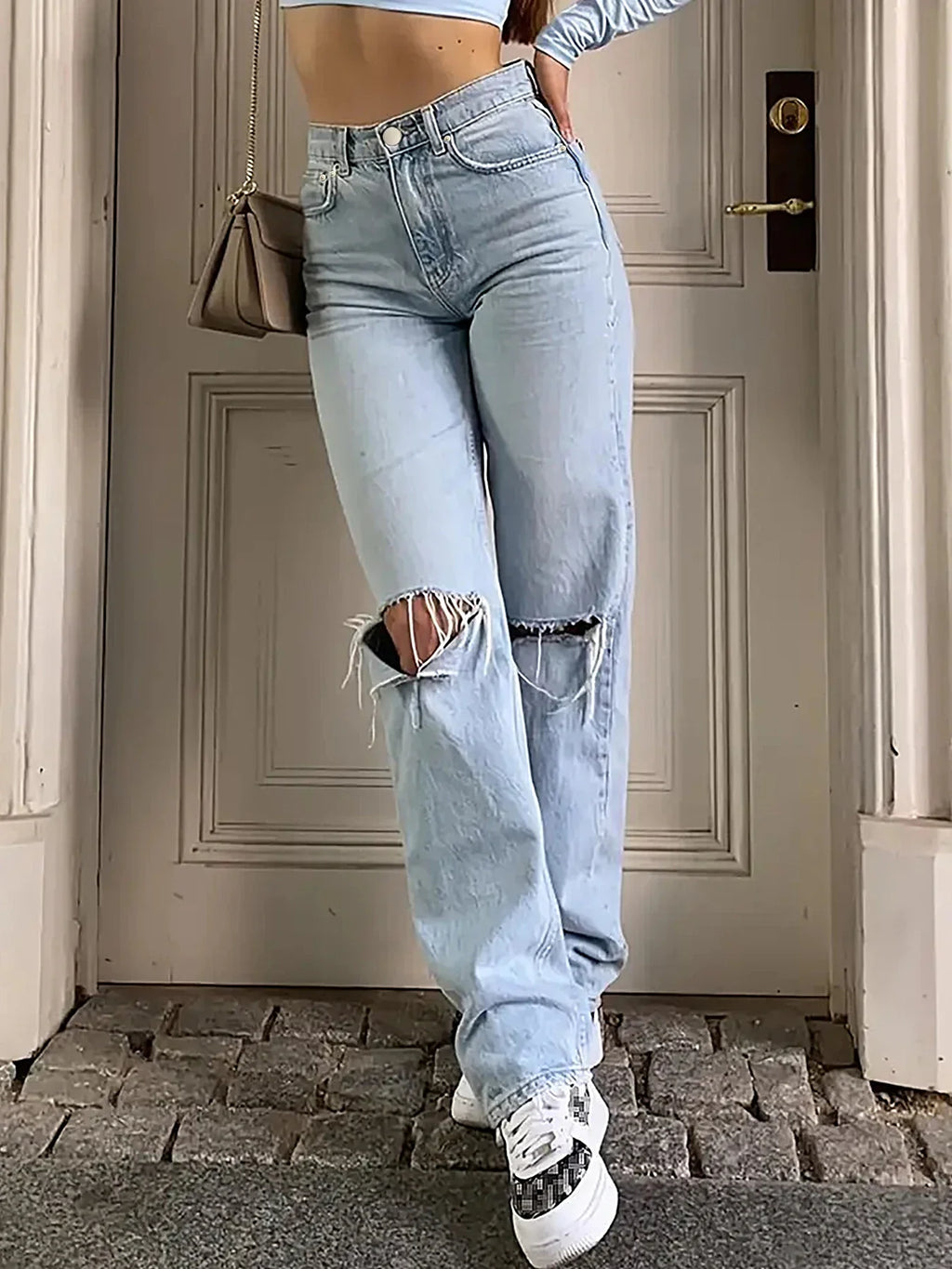 Women's new knee-piercing jeans, loose, comfortable and casual, fully matching straight micro-elastic jeans