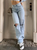 Women's new knee-piercing jeans, loose, comfortable and casual, fully matching straight micro-elastic jeans